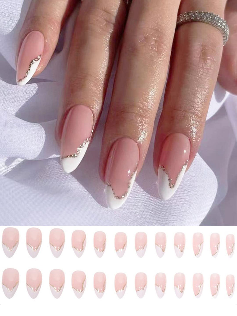 Secret Lives® acrylic press on nails artifical designer fake nails extension transparent with golden glitter design 24 pieces set with manicure kit
