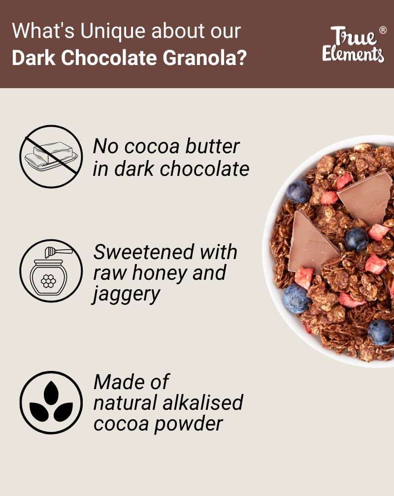 True Elements Crunchy Dark Chocolate Granola 900g - With 23% Berries, Seeds & Almonds | 100% Wholegrain Cereal | Granola for Breakfast | Healthy and Tasty Breakfast