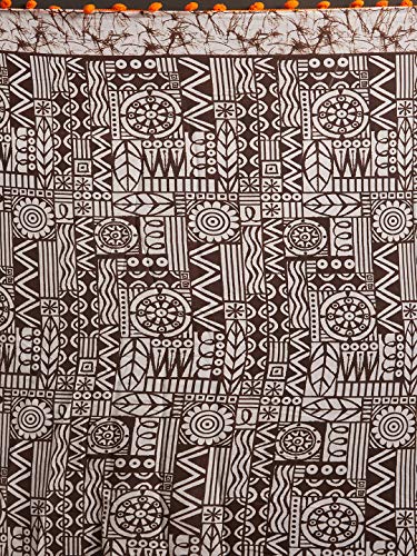 Womanista Women's Batik Print Georgette Saree with Pom (TI1425_Off White & Brown)