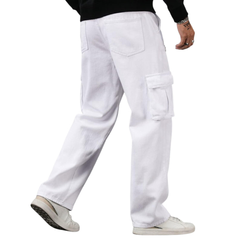 DENIM UNCLE Men's Loose Fit Cargo, Mid Rise, Ankle Length Multi-Pocket Stretchable (34, White)