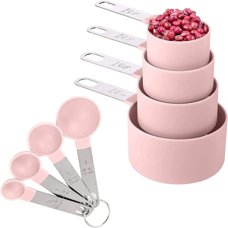 Gopendra Measuring Cups Set Measuring Spoons Set, Nesting Measure Cups with Stainless Steel Handle, for Measuring Dry and Liquid Ingredients Small Teaspoon with Plastic Head (Pink)