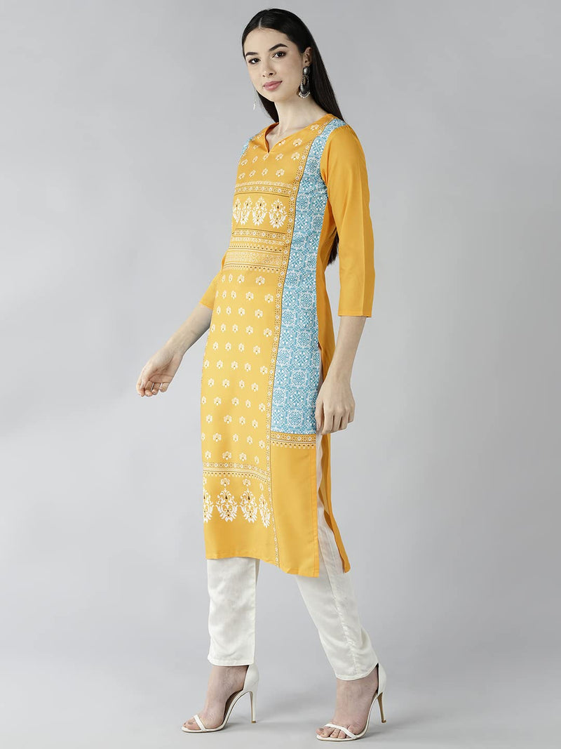 Vaamsi Women's Crepe Floral Printed Straight Kurta (VPK1583_Yellow_S)