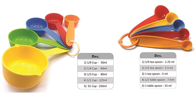 INKULTURE Plastic Measuring Cups and Spoon Set with Ring Holder| 10 Piece Set | Multicolor