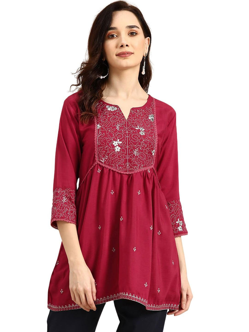 rytras Women's Embroidered Regular Fit Top(Maroon,L)