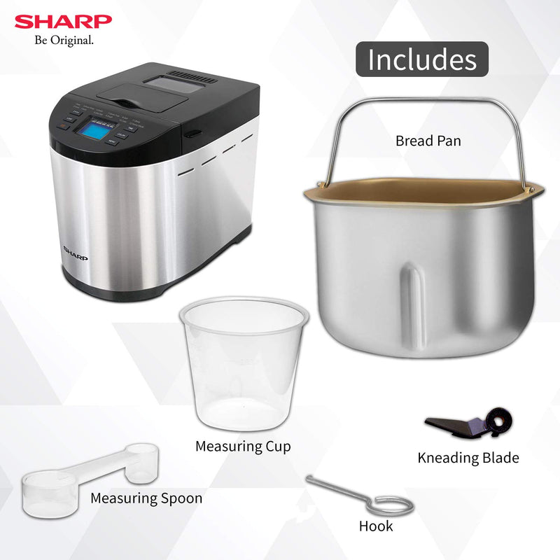 Sharp Table-Top Bread Maker for Home, Kitchen | Fully Automatic Functions | 12 Pre-Programmed Menus Including Gluten-Free | 3 Crust Colours | Fruit & Nut Dispenser | LCD Display | Grey, Black