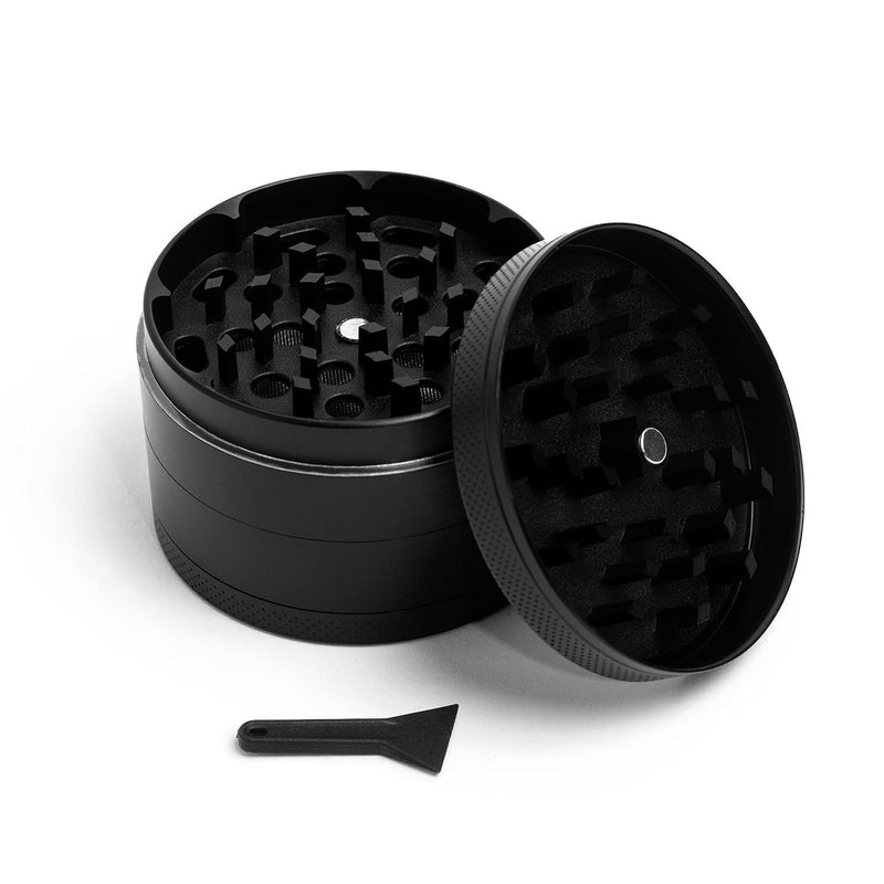 Xtore Small Size Spice Herb Grinder with Pollen Catcher and Brush, Two Filtration Mesh Screens - (Solid Black)