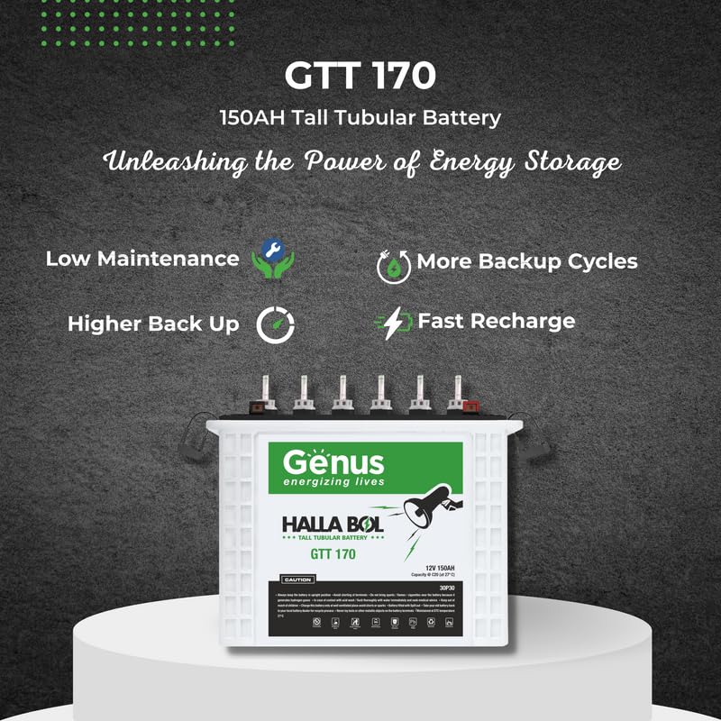 Genus Inverter & Battery Combo (Challenger 1200 Pure Sine Wave 900VA/12V Inverter, Halla BOL GTT170 Tall Tubular 150Ah Inverter Battery) for Home & Office