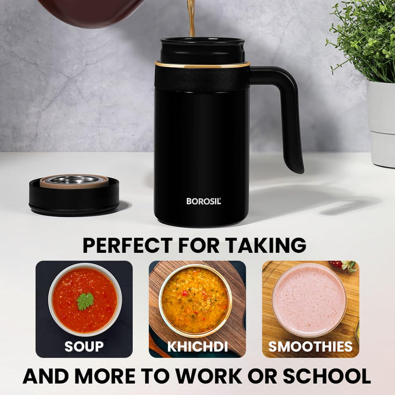 Borosil Hydra Klassic Super Insulated Mug, Vacuum Insulated Travel Coffee/Tea Mug, 8 Hrs Hot and 13 Hrs Cold, Easy to Carry, Leak Proof, 540 ml, Black