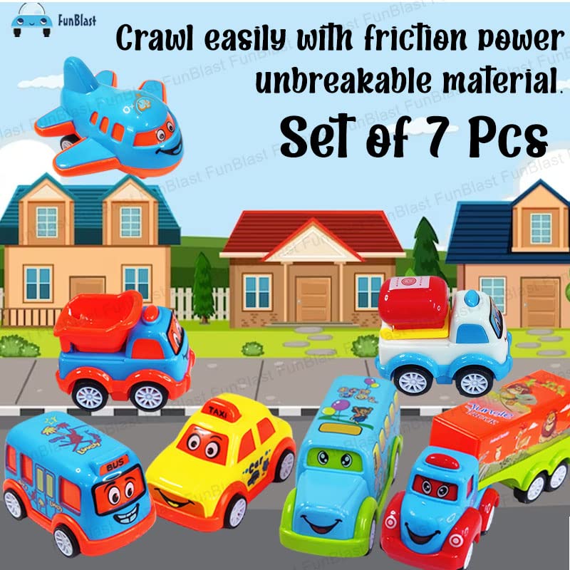 FunBlast Kids Pull Back Vehicles, Push and Go Crawling Toy Car for Kids & Children (Set of 7 Pcs) - Made in India - Multicolor