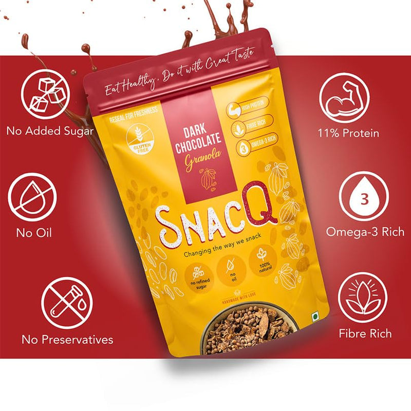 SnacQ Dark Chocolate Granola - 350 Grams (Pack of 1) | Tasty, Healthy and Convenient Breakfast | Gluten Free, No Oil, No Preservatives | 100% Healthy Dark Chocolate Almond Granola