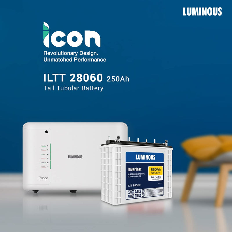 Luminous Inverter for Home, Office & Shop with Luminous Battery, Icon 1600 Pure Sine Wave 1400VA 12 Volt Inverter with ILTT 28060 Tall Tubular 250 Ah Battery Combo, 2 years warranty on inverter, 5 years warranty on battery (3 years Flat + 2 years Pro-rata