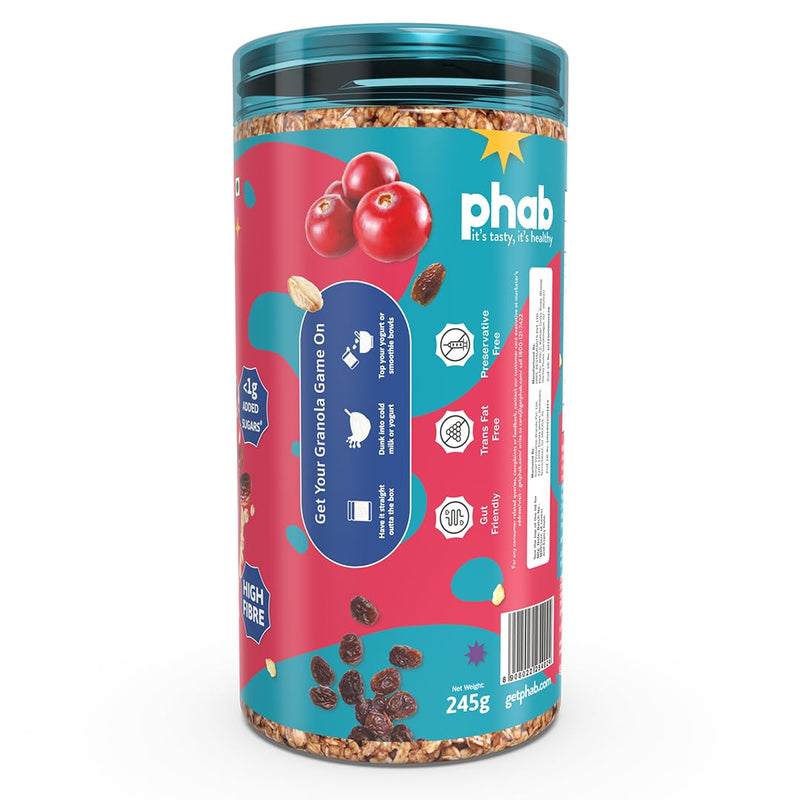 Phab - Crunchy Granola Cereals - Very Berry Blast 245g | Breakfast Superfood with High Fiber | 37% Oats | Golden Raisins, Arabian Dates, Cranberries & Pre-Biotics