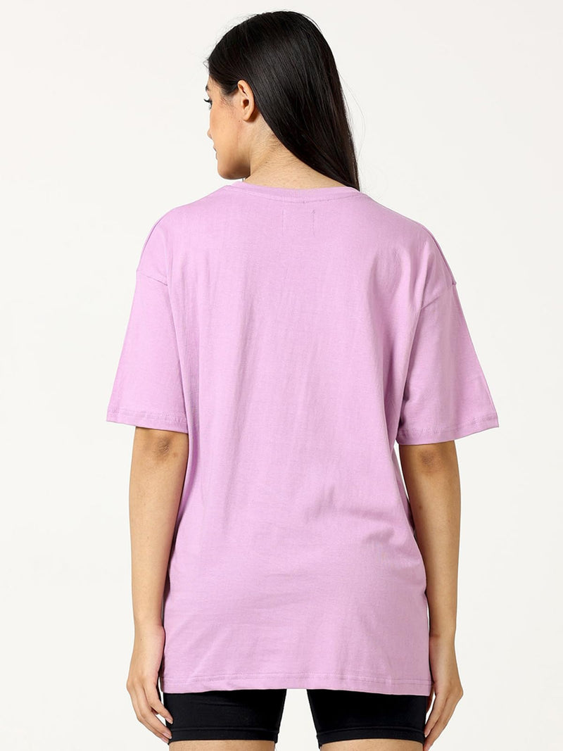 JUNEBERRY® Oversize Loose Baggy Fit Drop Shoulder Cool and Stylish Latest Stay Weird Pocket Print Design Lilac Half Sleeve T-Shirt for Women & Girls