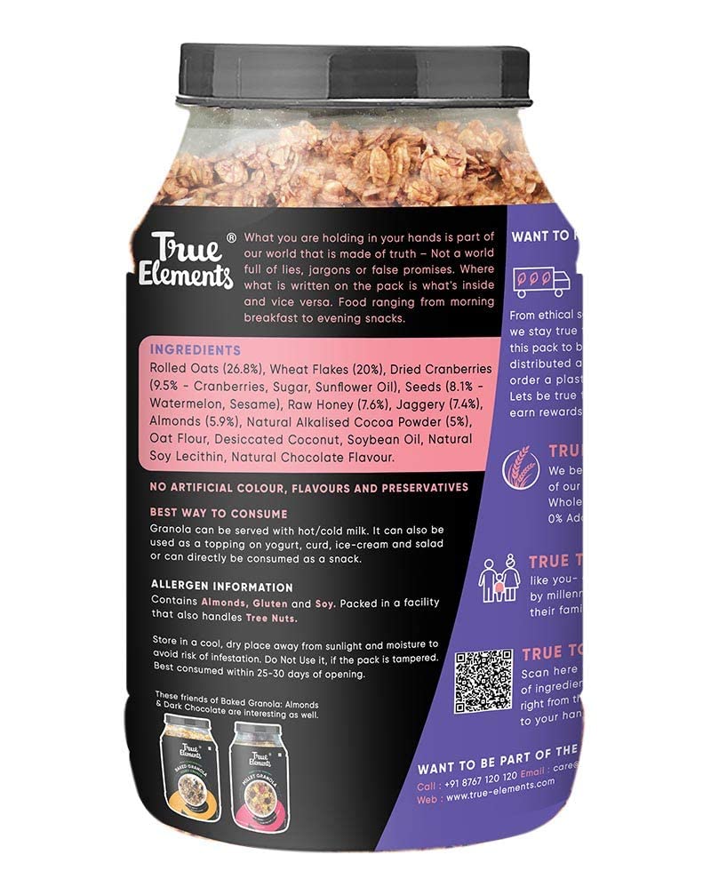 True Elements Crunchy Dark Chocolate Granola 900g - With 23% Berries, Seeds & Almonds | 100% Wholegrain Cereal | Granola for Breakfast | Healthy and Tasty Breakfast