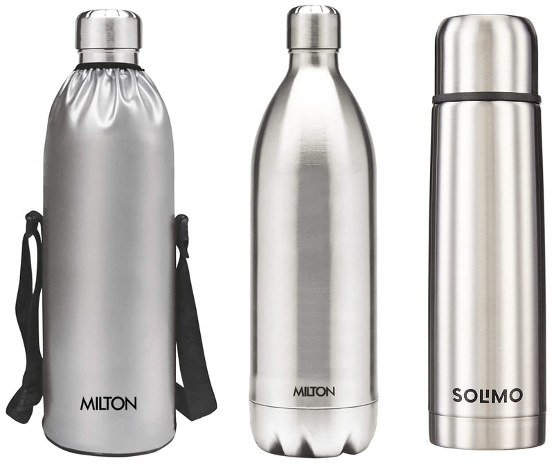 Milton Thermosteel Plain Lid Flask, 500 ml, Steel Plain & Milton Bottle Thermosteel Stainless Steel Duo 1800ml Water Bottle with Jacket 24 Hours Hot or Cold