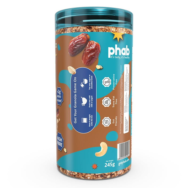 Phab - Crunchy Granola Cereals - Caramel Crunch 245g | Breakfast Superfood with High Fiber | 41% Oats | Butterscotch Nuts, Arabian Dates & Pre-Biotics