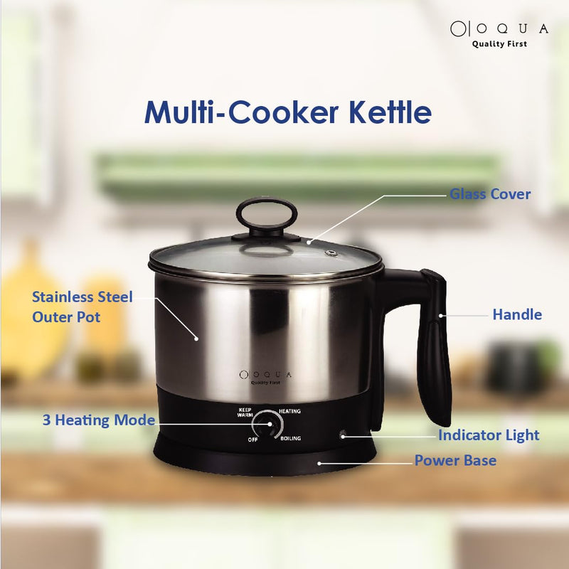 OQUA Premium Noodle & Rice Cooker |Multi Cooker Electric Kettle |Overheat and Boil Dry Protection |Easily Make Noodle, Rice, Porridge, Oats, Soup, Tea & Coffee |Serves Easily 2-3 People 1.5L Capacity