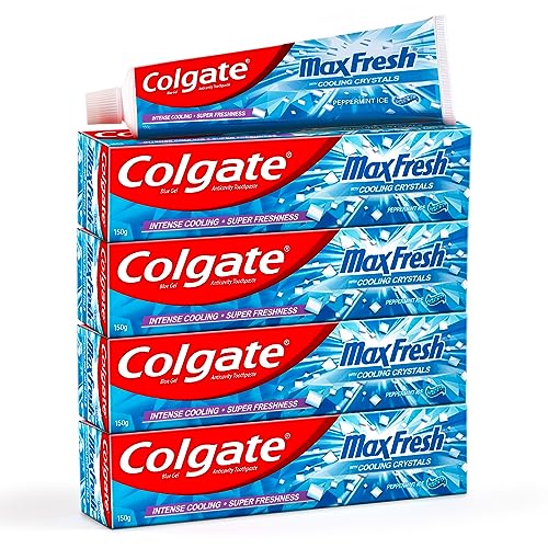 Colgate MaxFresh Toothpaste, Blue Gel Paste with Menthol for Super Fresh Breath, 600g, 150g X 4 (Peppermint Ice, Saver Pack)