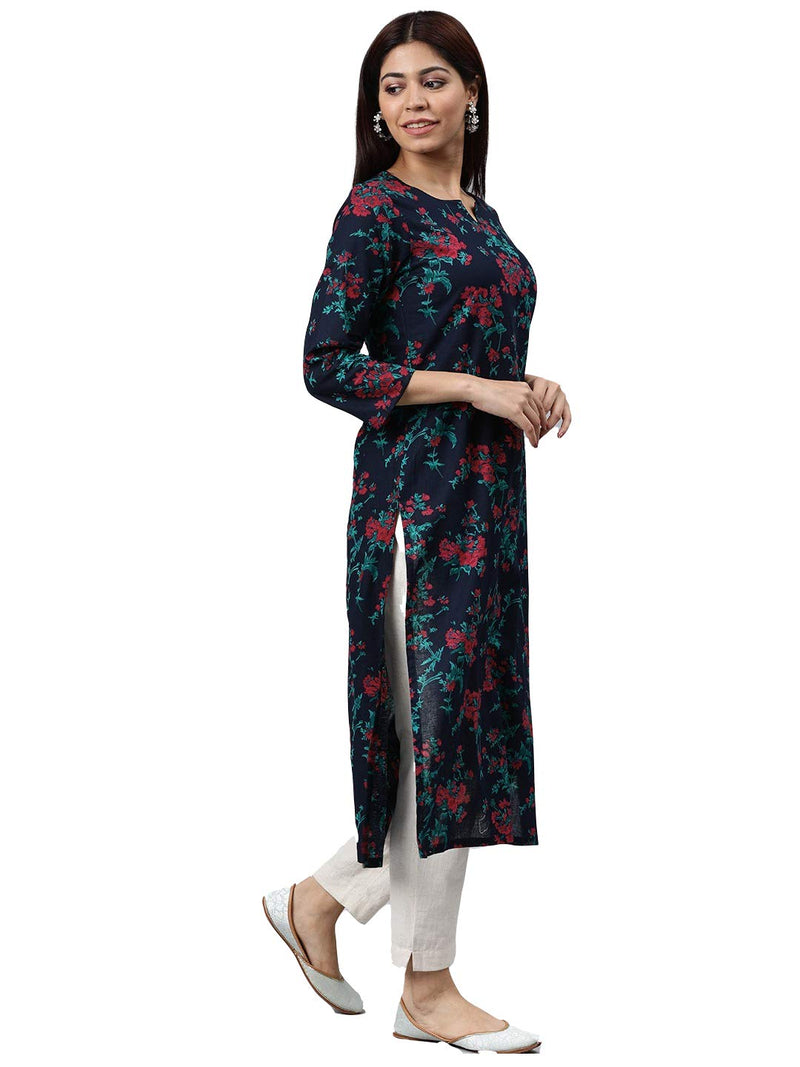 Vaamsi Women's Cotton Blend Floral Printed Straight Kurta (VCK1066G_Blue_XXL)