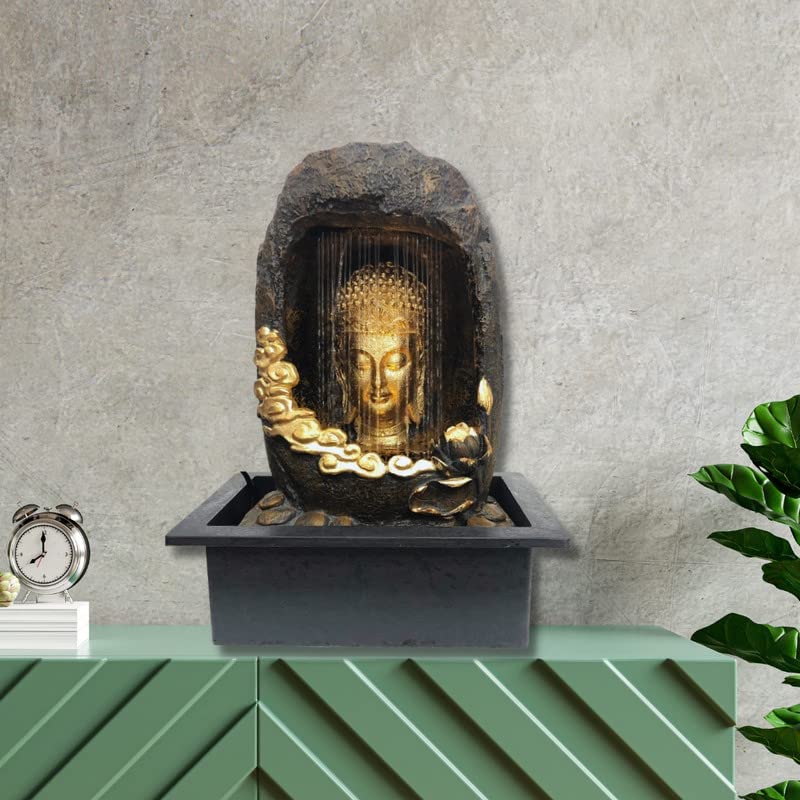 CHRONIKLE Polyresin Tabletop Gold Brown Meditating Buddha Sitting in Cave Style Indoor Front Curtain Waterfall Fountain for Home Decor with LED Light, Speed Controller Pump (Size: 40 x 22 x 29.5CM)