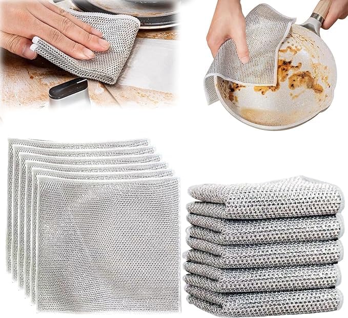 Living Casa Multipurpose Wire Dishwashing Rags for Wet and Dry, Stainless Steel Scrubber, Non-Scratch Wire Dishcloth for Washing Dishes, Sinks, Counters, Easy Rinsing, Machine Washable (Pack of 5)