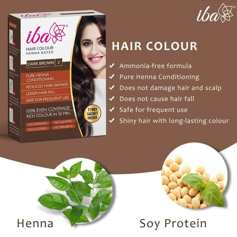 Iba Hair Colour - Dark Brown, 70g (Pack of 2) | 100% Pure Henna Based Powder Sachet | Naturally Coloured Hair & Long Lasting | Conditioning | Reduced Hair fall & Hair Damage | Shine & Nourish Hair | Paraben, Chemical, Ammonia & Sulphate Free Formula