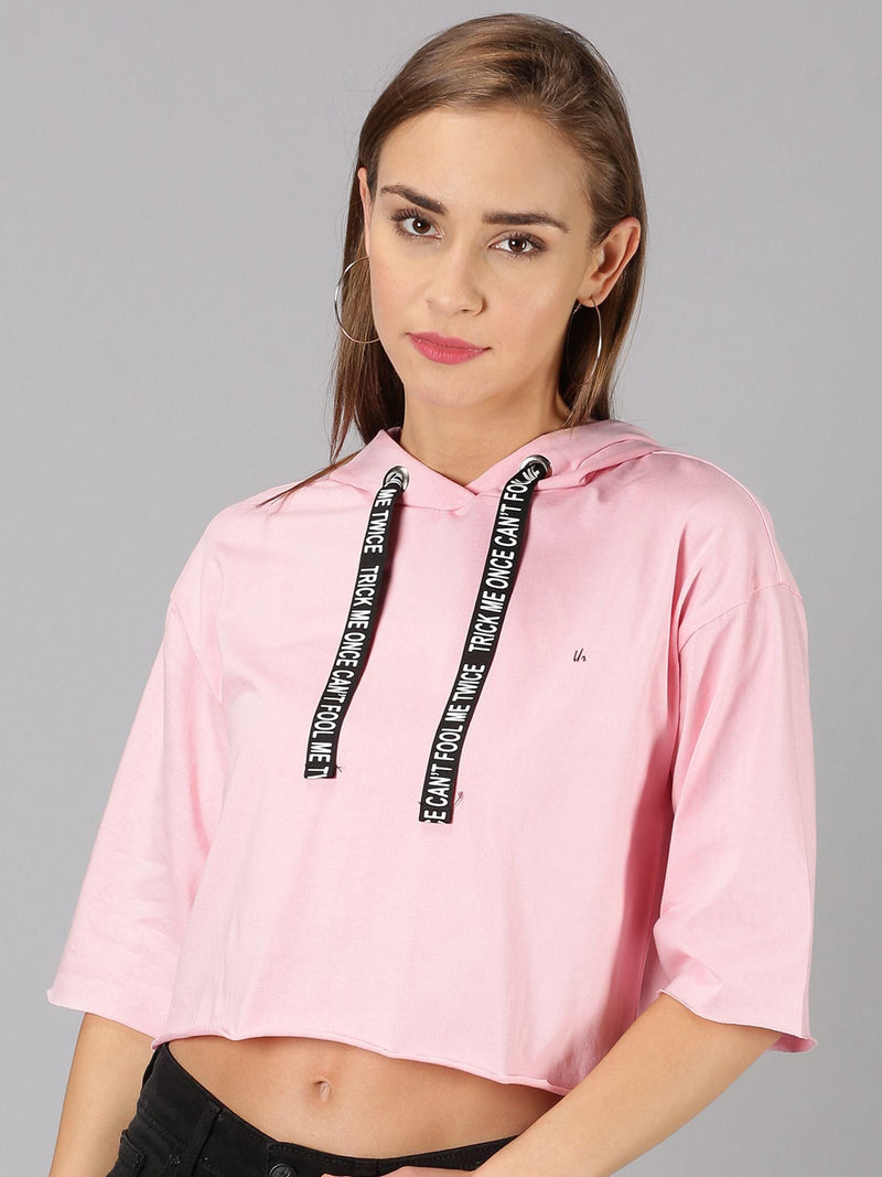 Women's Cotton Blend Solid Hoodie Neck Crop T-Shirt