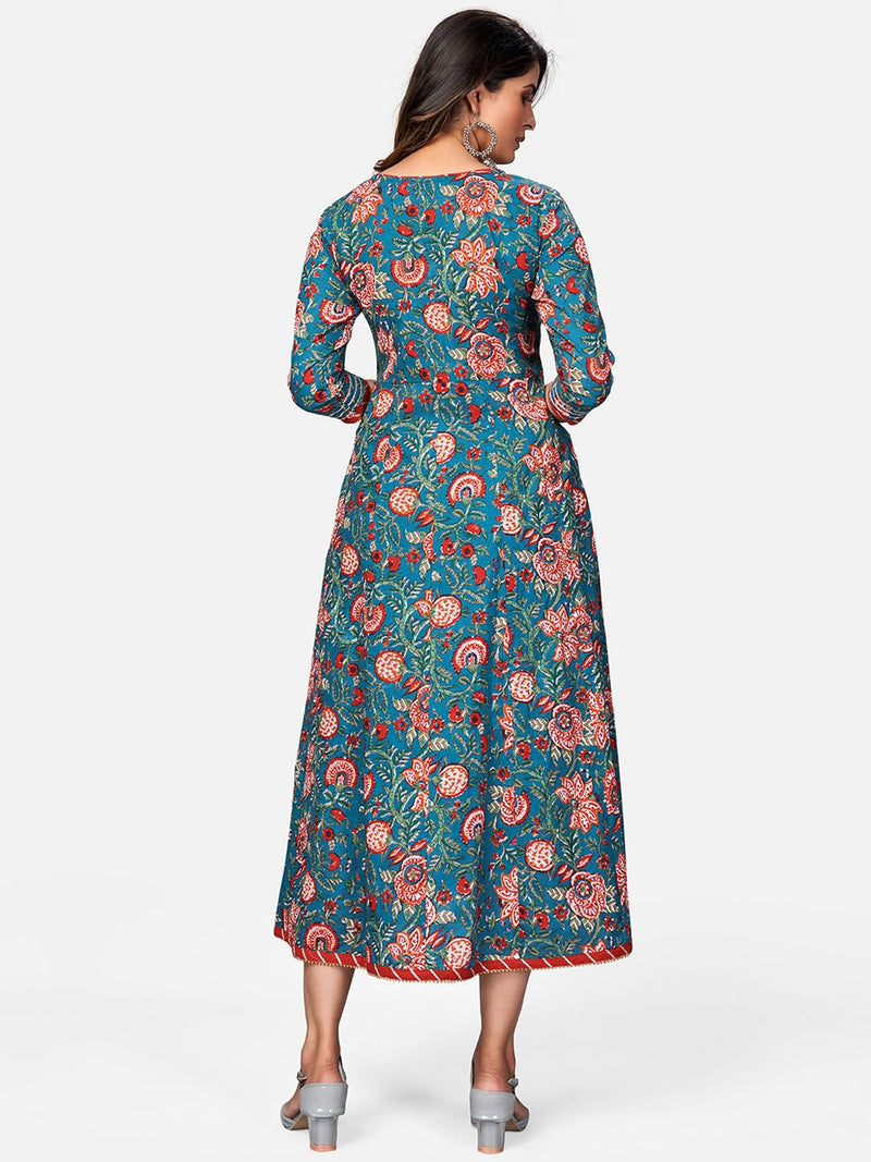 Vbuyz Women's Floral Print & Gota Patti Anarkali Cotton Turquoise Kurta