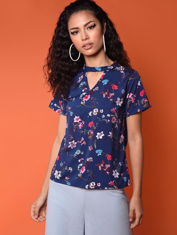 Short Sleeve Floral Print Women Navy Top