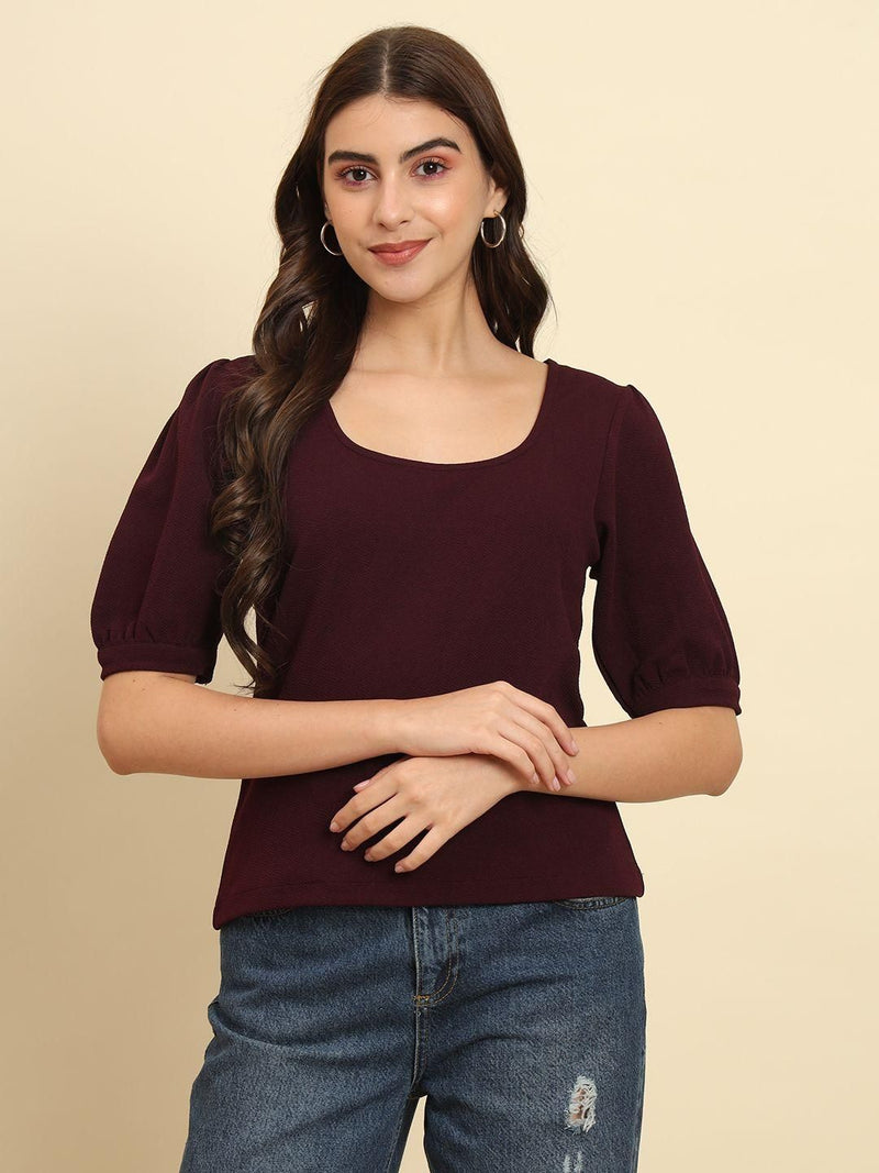 TRENDARREST Burgundy Puff Sleeve Top