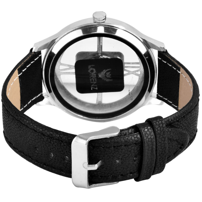 Lorenz Black Leather Strap & Transparent Stylish White Dial Analogue Watch For Men