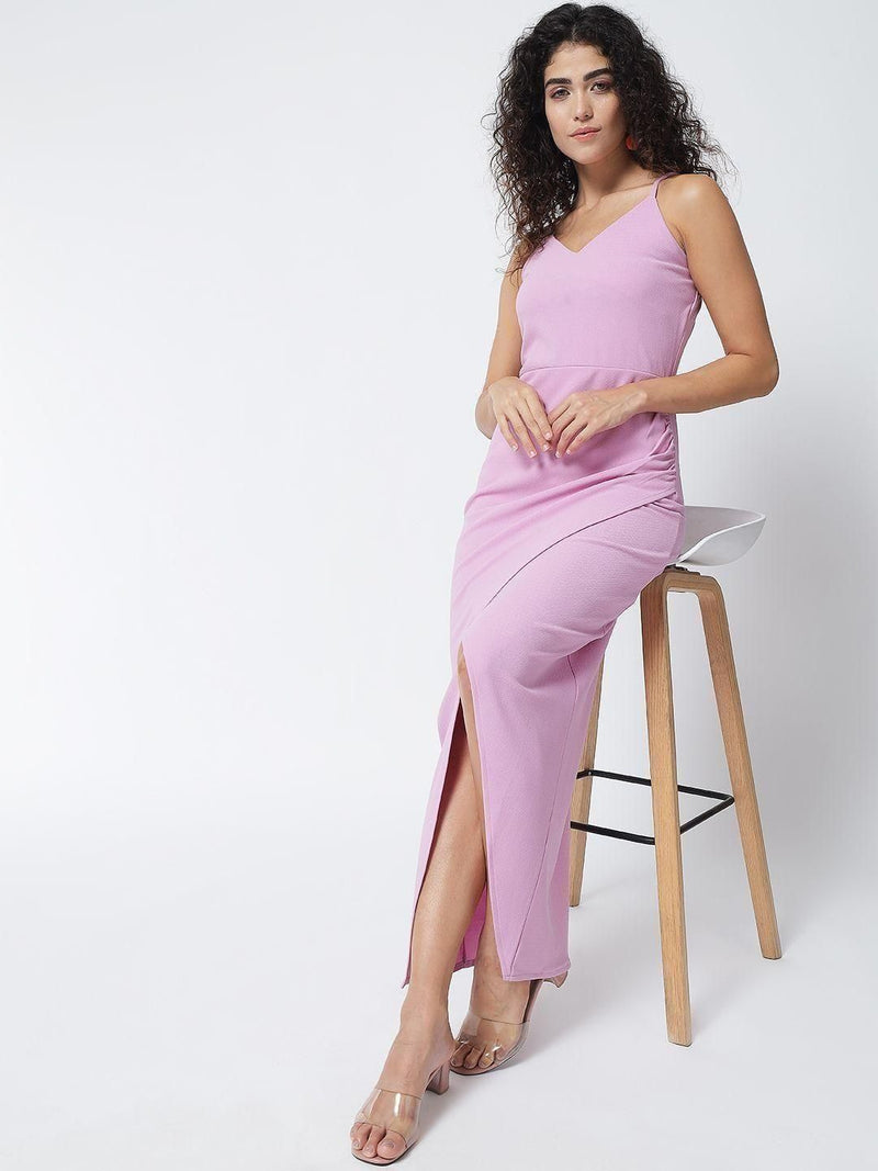 Trendarrest Women's Polyester Solid Front Slit Bodycon Maxi Dress