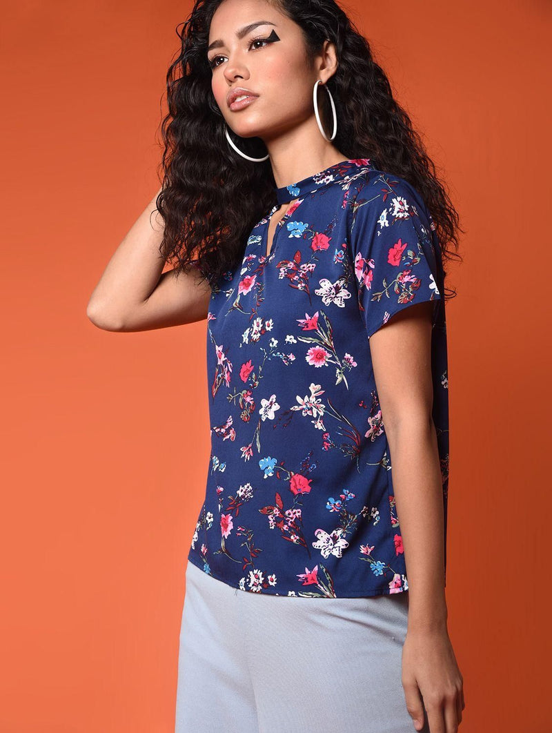 Short Sleeve Floral Print Women Navy Top