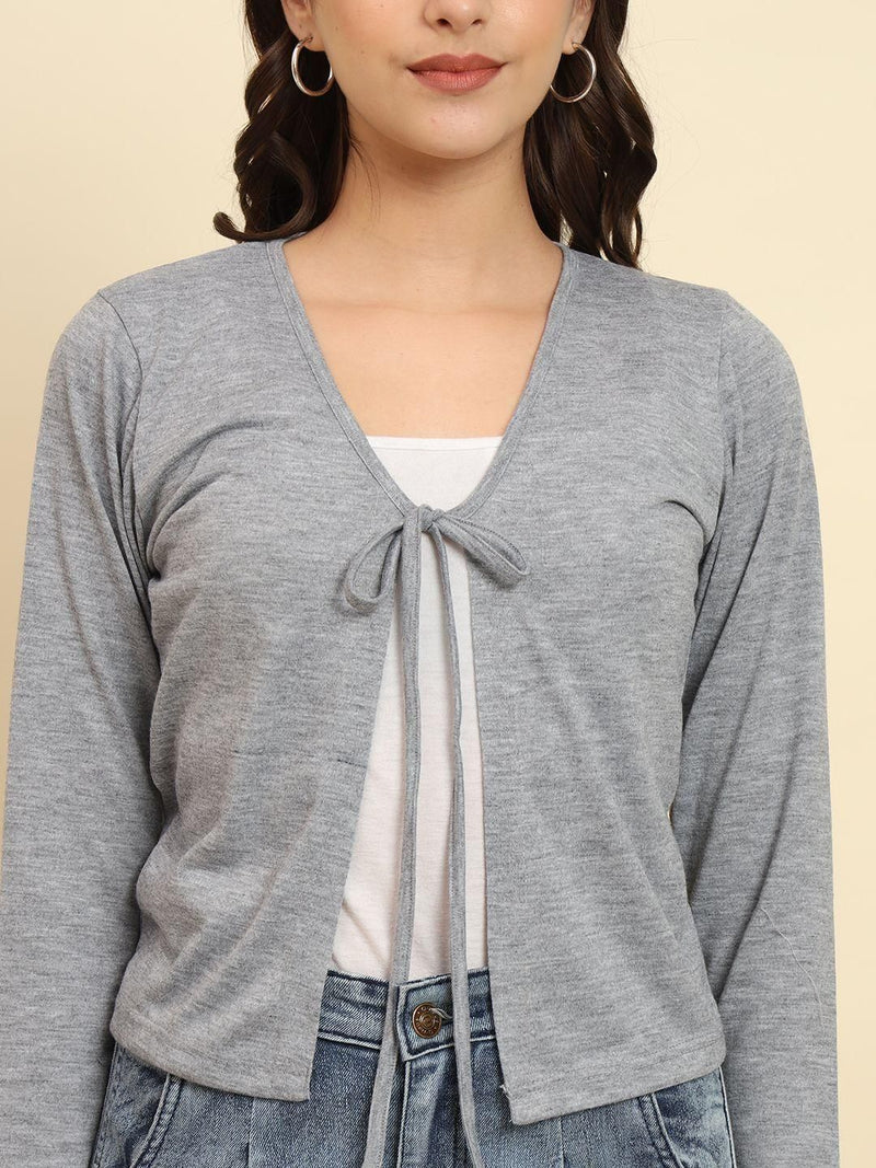 TRENDARREST Grey Solid Tie-Up Shrug