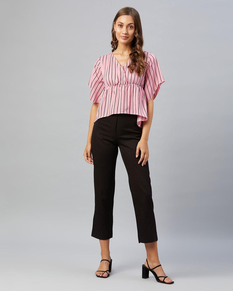 Women's Pink Striped Crepe Asymmetrical Top