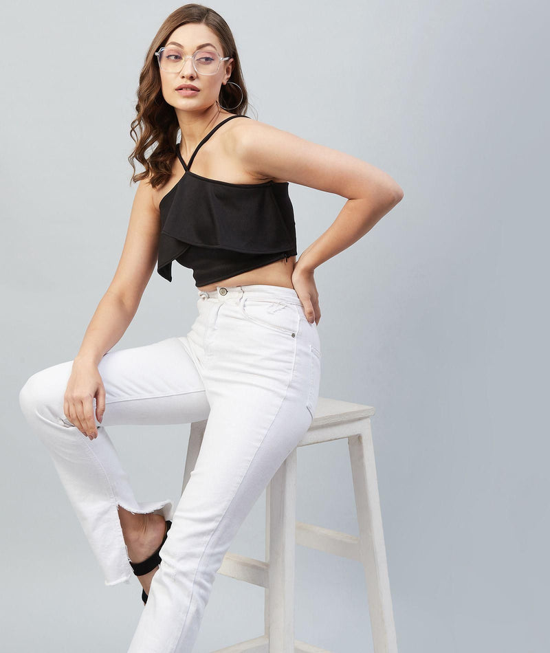 Women's Solid Tie Up Neck Black Crop Top