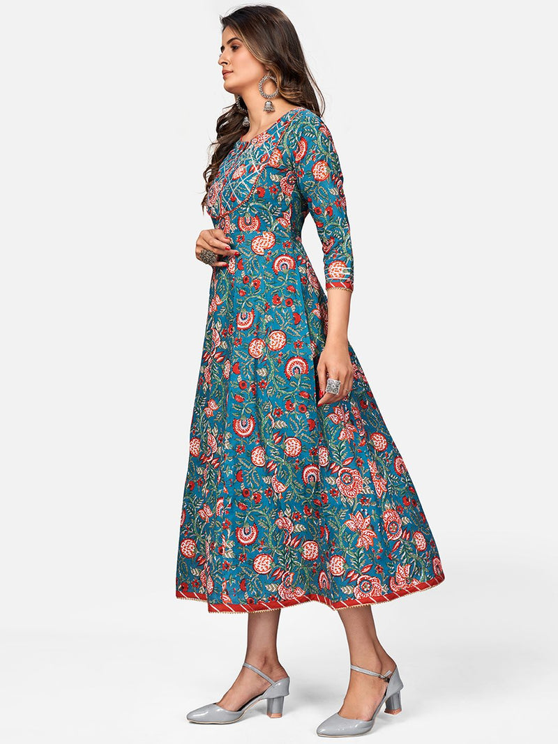 Vbuyz Women's Floral Print & Gota Patti Anarkali Cotton Turquoise Kurta