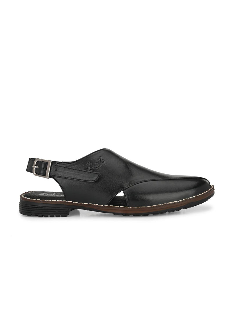 Bucik Men's Black Genuine Leather Slip-On Casual Sandal