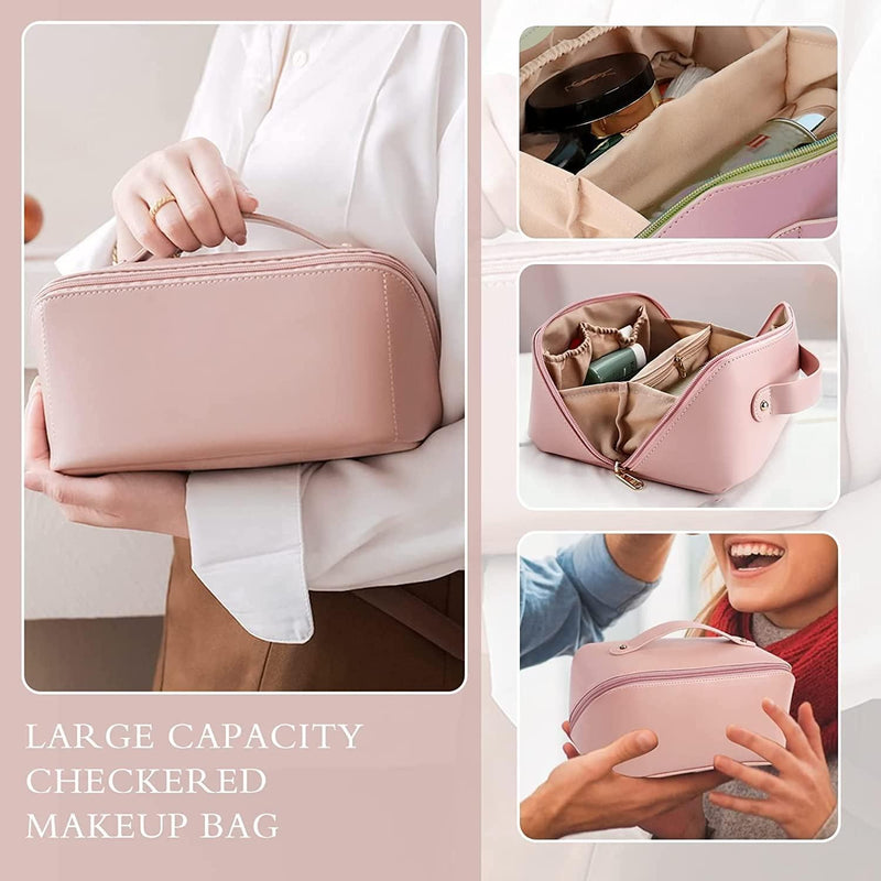 Women's Makeup Travel Bag Portable Leather Cosmetics Bag (pink)
