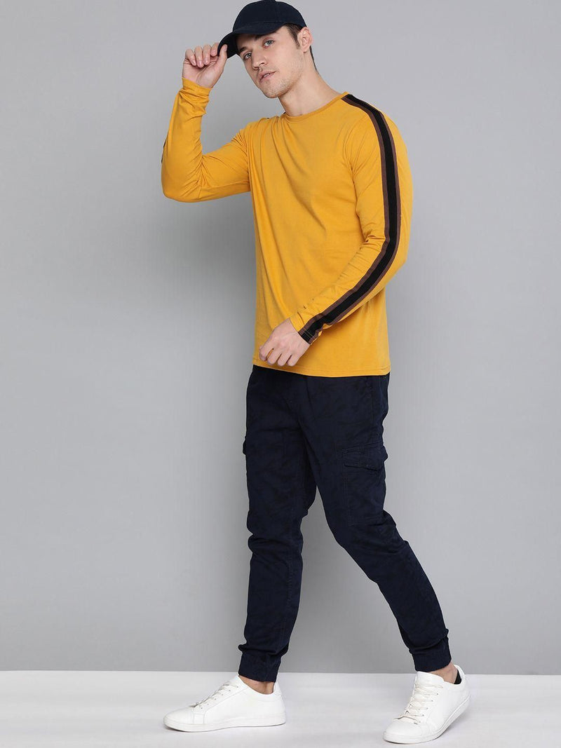 Cotton Solid With Striped Full Sleeves T-Shirt