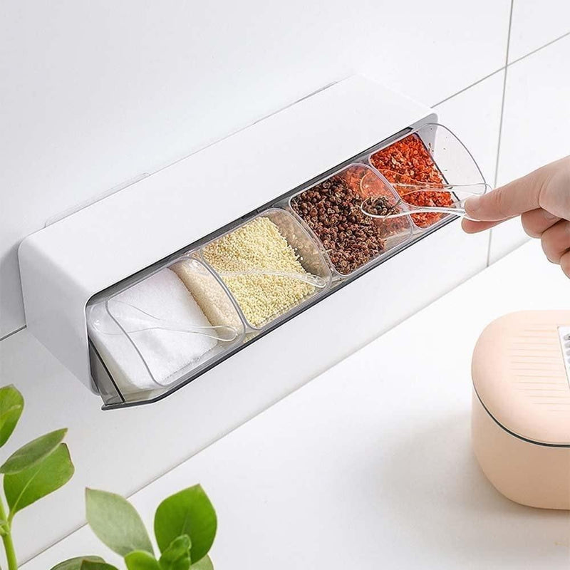 Self adhesive Wall Mounted Spice Storage Box With Cover & Spoon