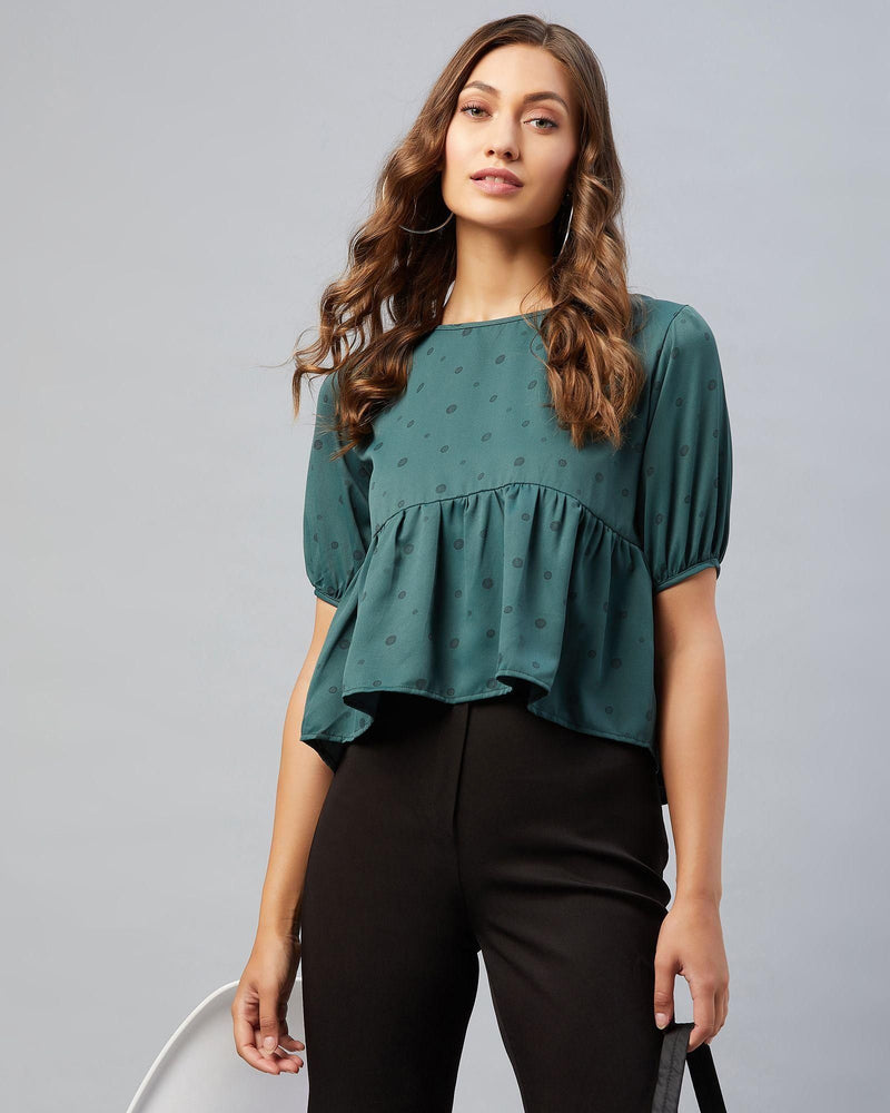 Women's Green Doted Ruffled Style Top