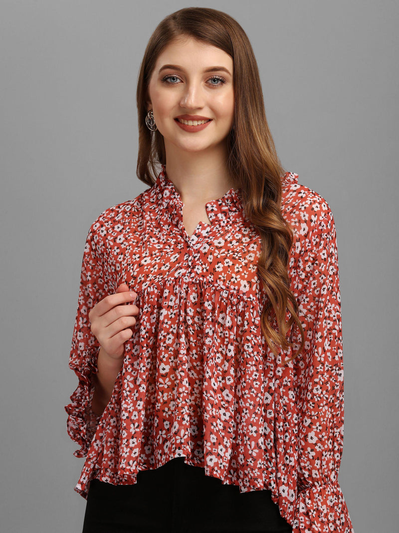 Masakali Co Women Red Floral Print Georgette Top