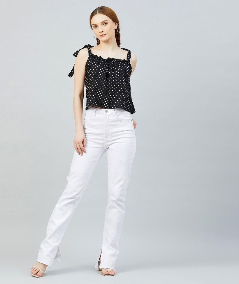 Women's Black Polka Doted Crepe Ruffled Top