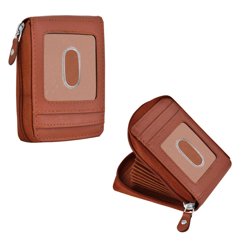 Lorenz Genuine Leather 9 Slot Vertical Credit Debit Card Holder Money Wallet Zipper Coin Purse For Men Women - Tan Bi-fold Wallet