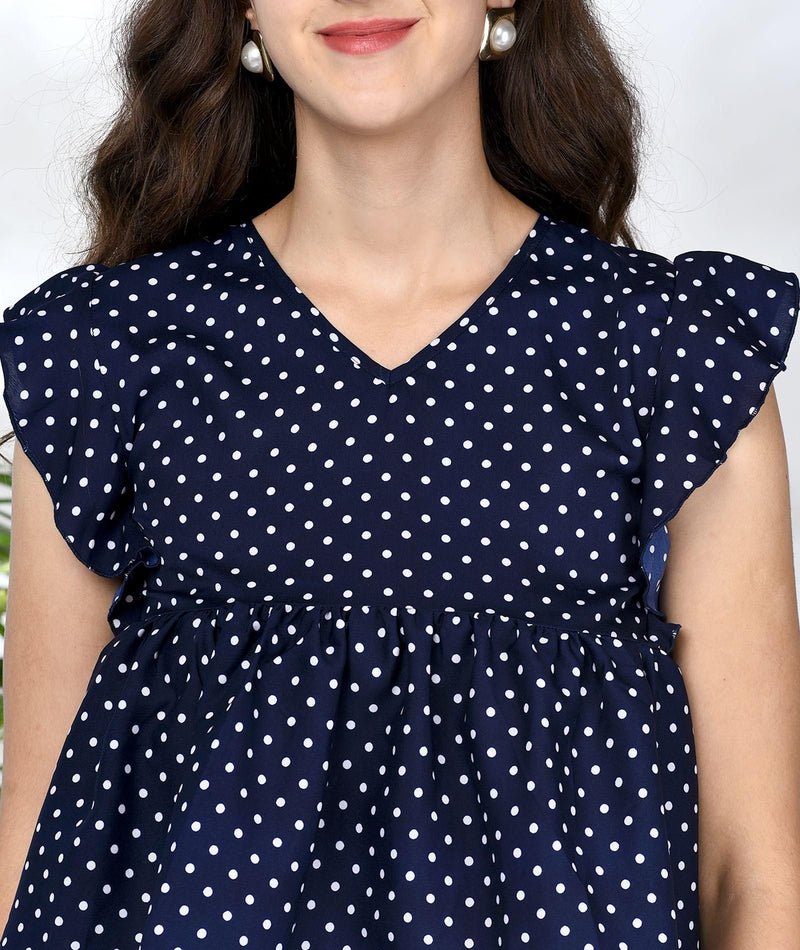 Women Navy Polka Doted Crepe Ruffled Top