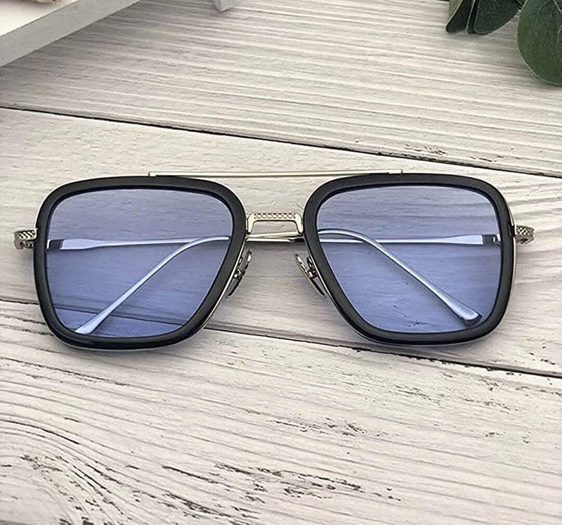 Unisex Blue Silver Retro Square Sunglasses