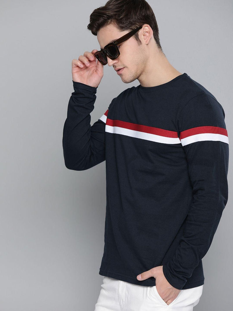 Cotton Solid With Striped Full Sleeves T-Shirt