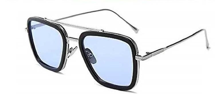 Unisex Blue Silver Retro Square Sunglasses