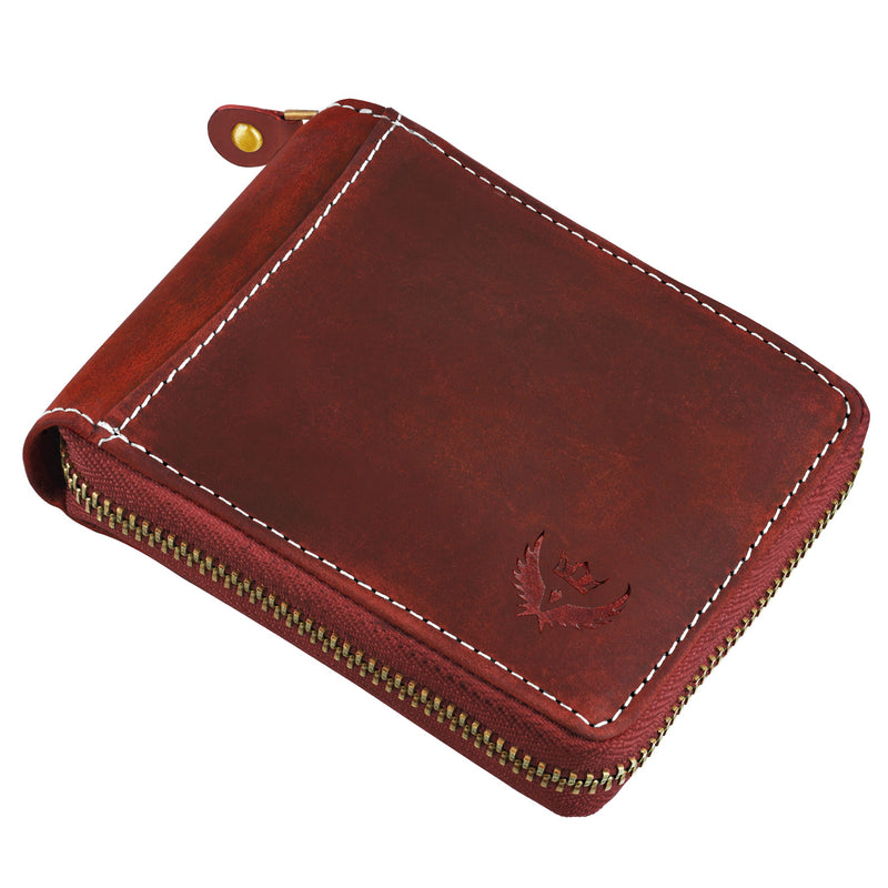 Lorenz Rfid Blocking Genuine Red Hunter Leather Zipper Wallet For Men